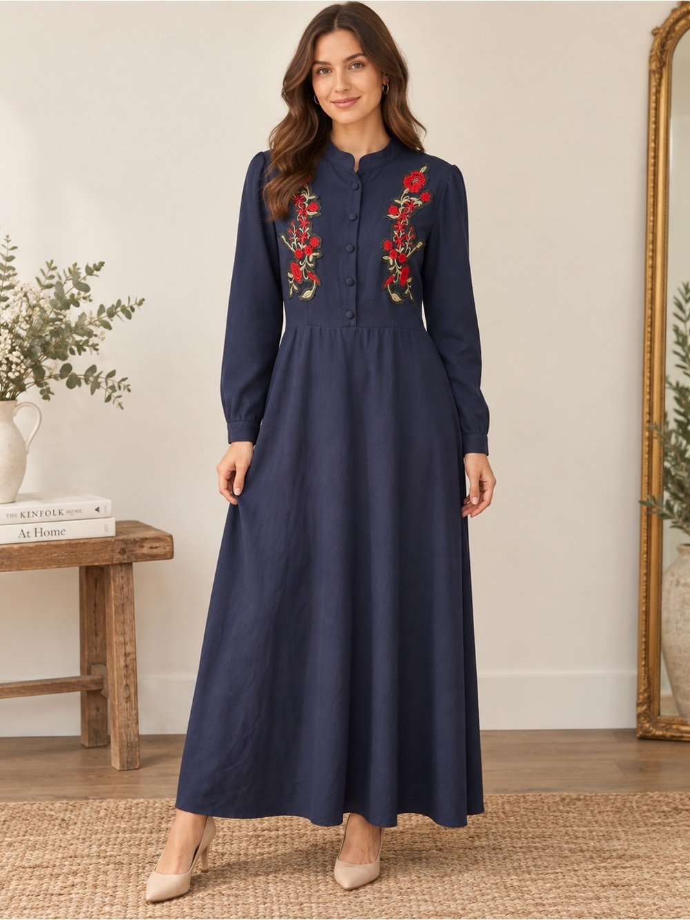 Zenne Vintage Navy Embroidered Long Sleeve Maxi Dress Size 44 Boho Cottagecore